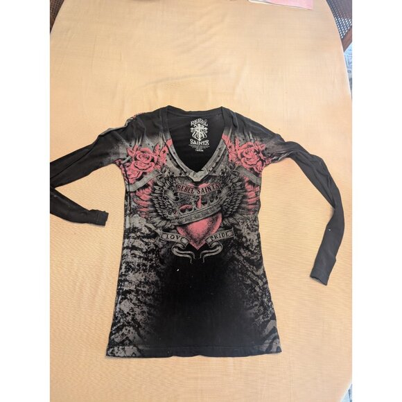 Rebel Saint by Affliction Women's T-shirt Ravenous Biker Tattoo Love and Ride L - Picture 1 of 7